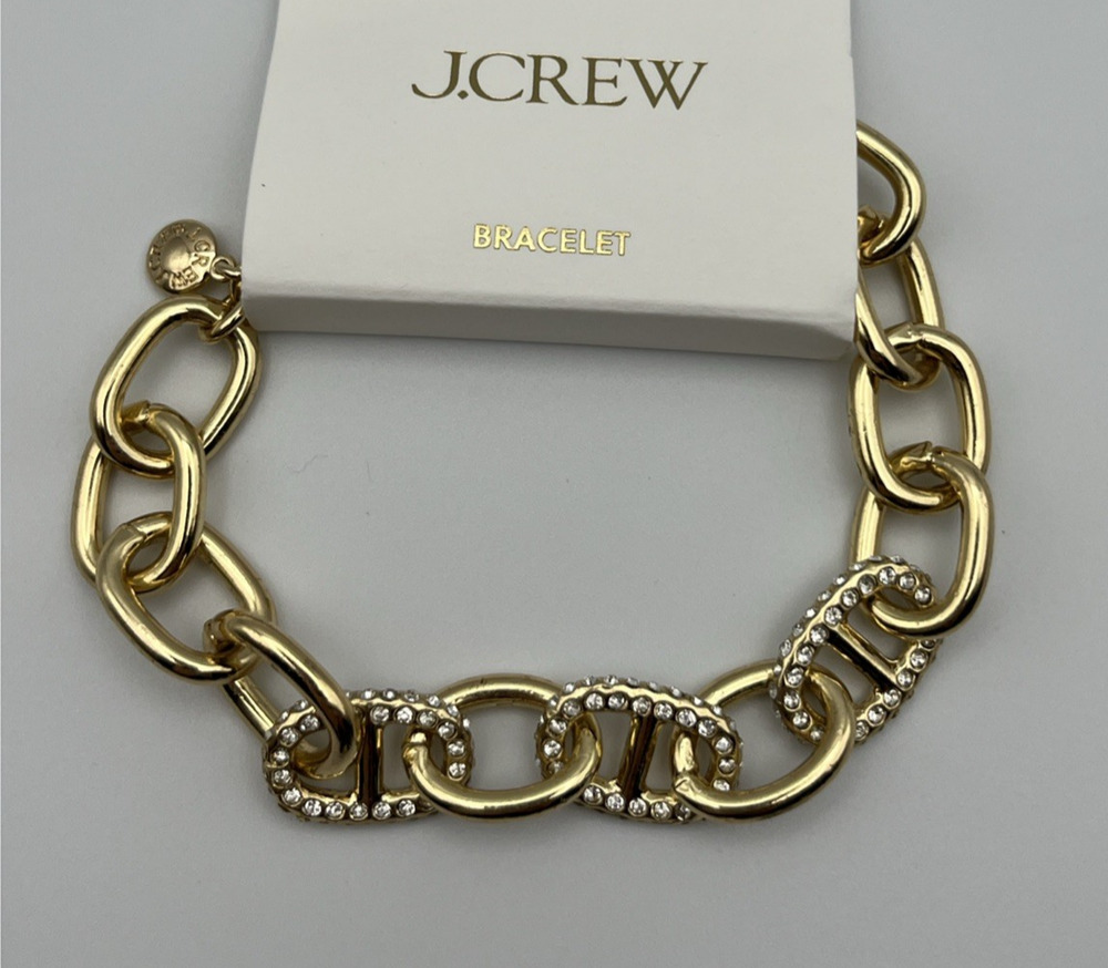 J Crew Chain Link Bracelet Gold Tone Pave Crystal Accent Adjustable Chunky Luxe